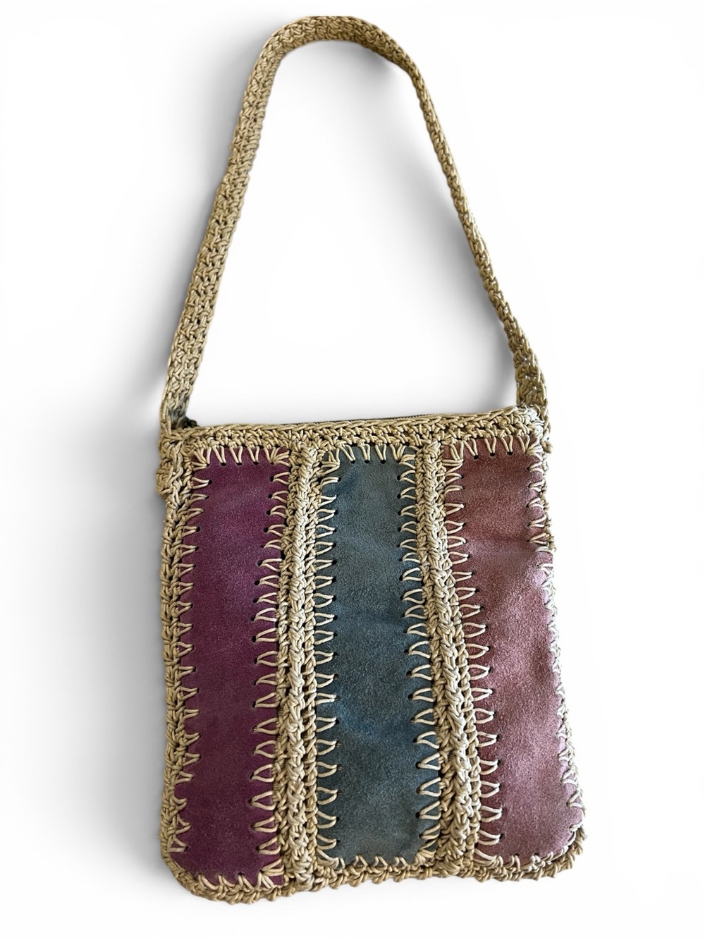 Vintage Made in Italy Suede Crochet Patchwork Boho Bag